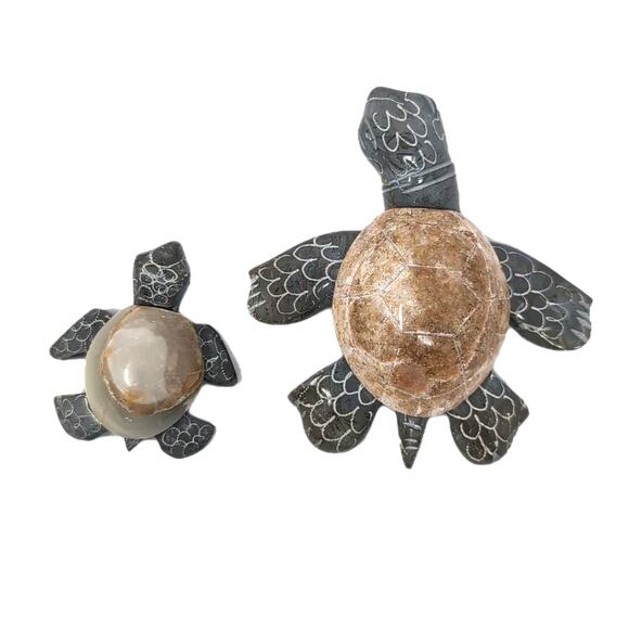 Lot of 2 Sea Turtle Figurines Hand Carved Stone Carvings Collectibles - Picture 2 of 12